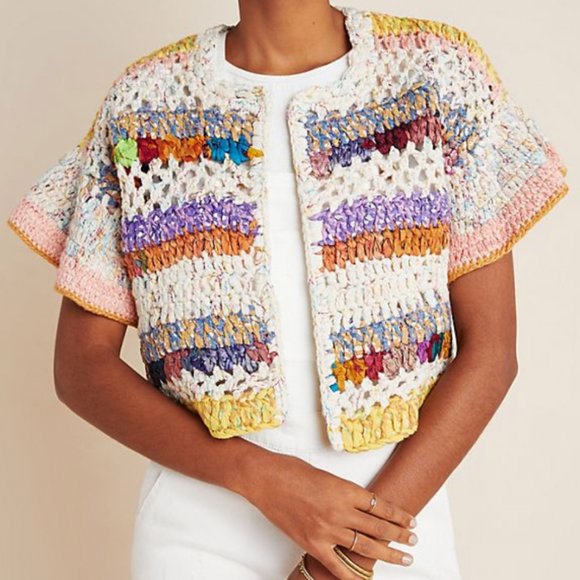 Anthropologie Mia Hand-Knit Cropped Cardigan NWT multi colored woven sweater Sm - Picture 2 of 12
